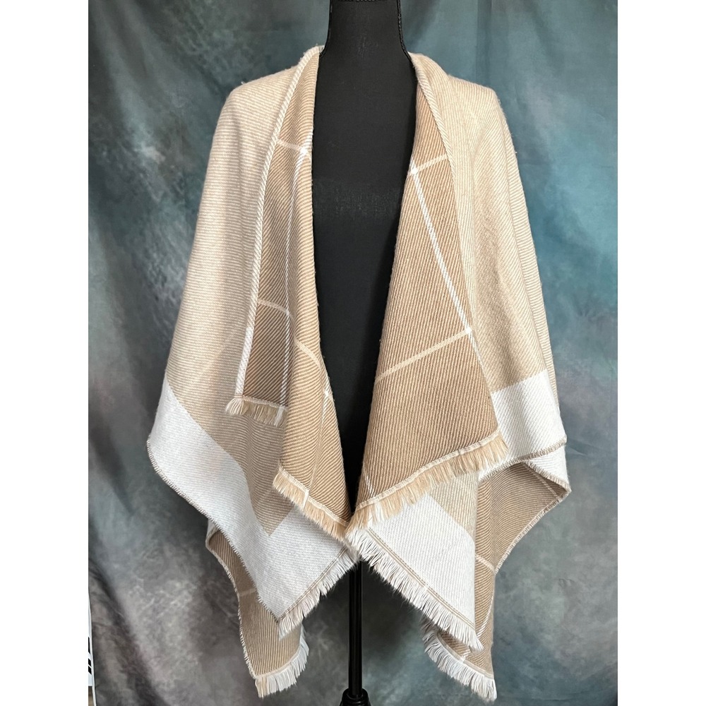 Banana Republic Tan Beige White Plaid Fringe Cape Shawl Wrap Poncho - Picture 2 of 7